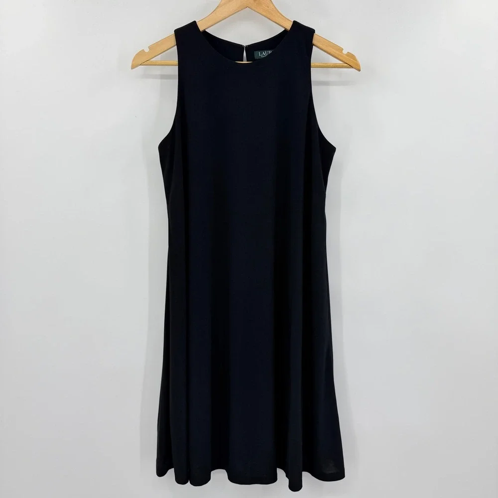 Lauren Ralph Lauren Black Sleeveless Shift Dress Womens 6 Keyhole Back A-Line